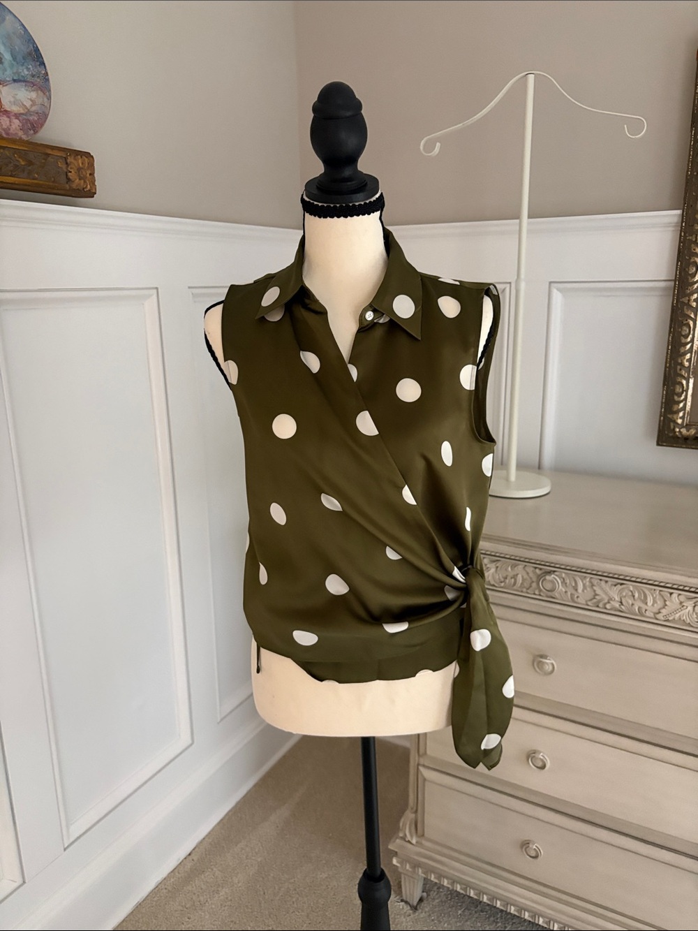 Ann Taylor Olive Green Polka Dot Sleeveless Wrap Blouse